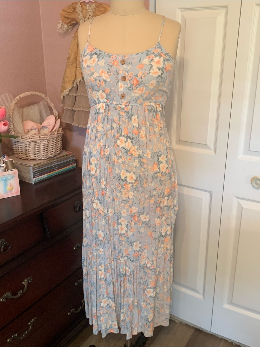 PINK ROSE Floral Spaghetti-Strap Midi Dress in Light Blue and Peach